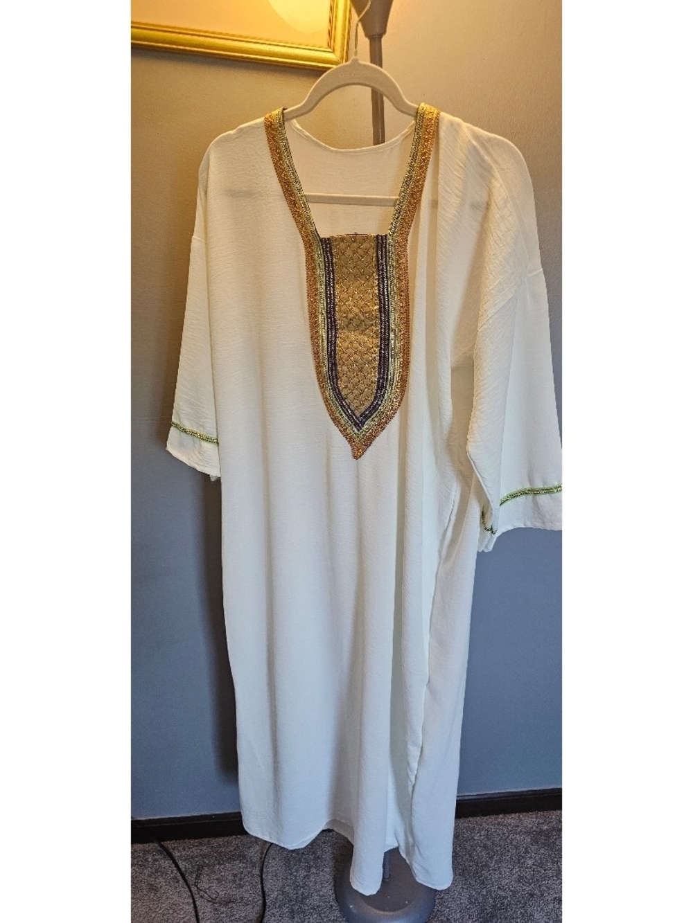Ethnic Embroidered Casual Abaya Dress for Adults in White Cotton Blend